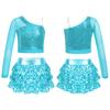 Kids Girls Dance Stage Performance Costume Sparkly Sequins Long Sleeve One Shoulder Top with Tiered Ruffle Skirted Shorts