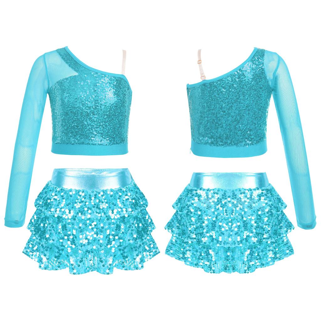 Kids Girls Dance Stage Performance Costume Sparkly Sequins Long Sleeve One Shoulder Top with Tiered Ruffle Skirted Shorts