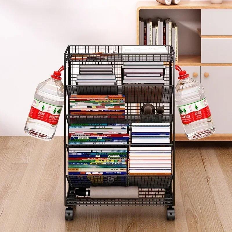 Large Bookshelf Library Cart Mobile Book Storage Shelf Metal Bookcase Holder Office Desk Document Storage Rack Kidroom Organizer