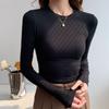 Women's Clothing Round Neck Solid Color Long Sleeve Screw Thread Pullover T-shirt Elegant Spring Autumn Comfortable Tops
