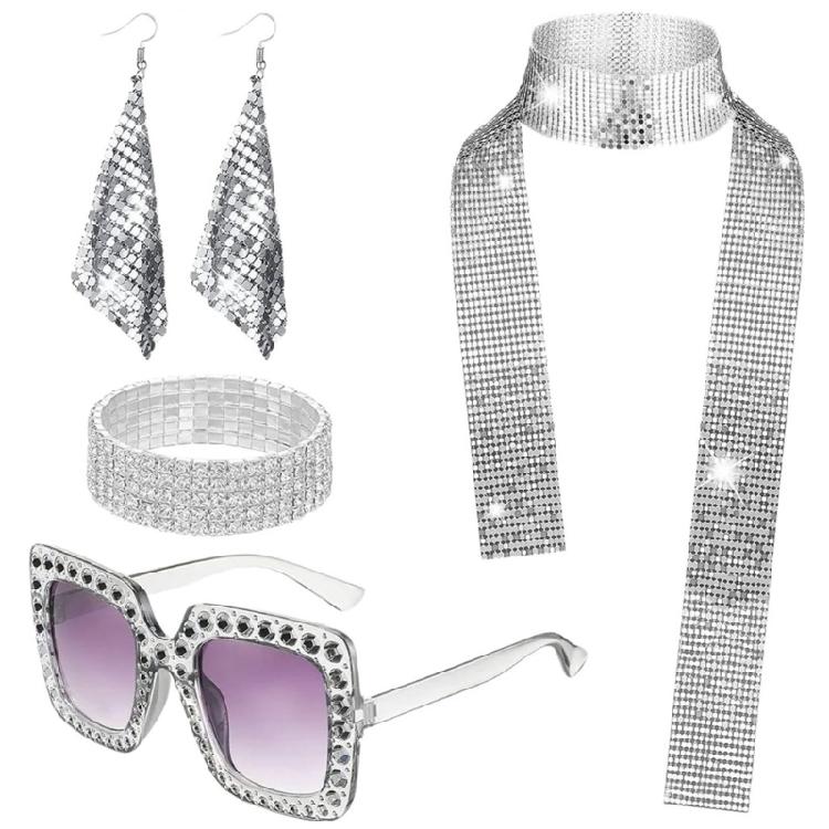 70s Disco Fancy Dress Set Bling Hat Bling Sunglasses Long Scarf Earring, and 70s Disco Accessories