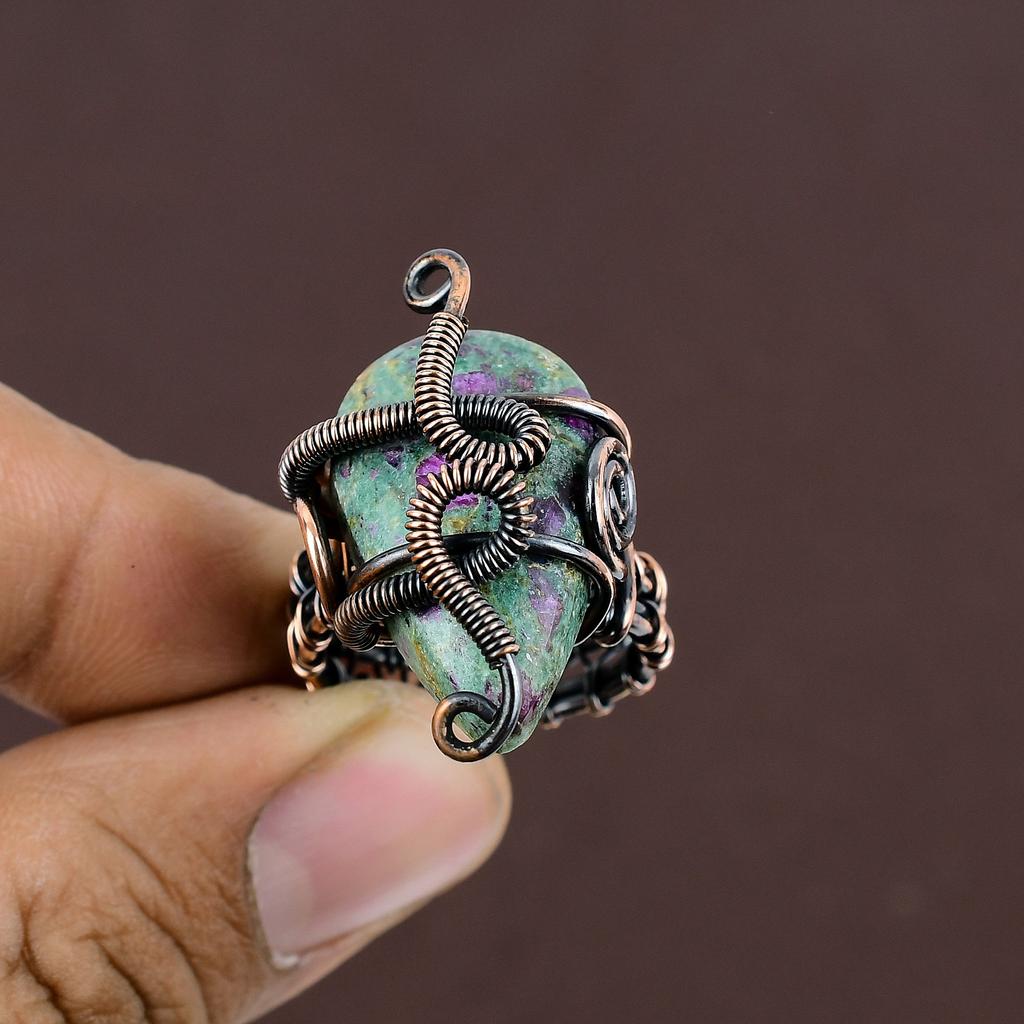 Ruby In Fuchsite Gemstone Handmade Copper Wire Wrap Jewelry Ring Size 8 S9d71