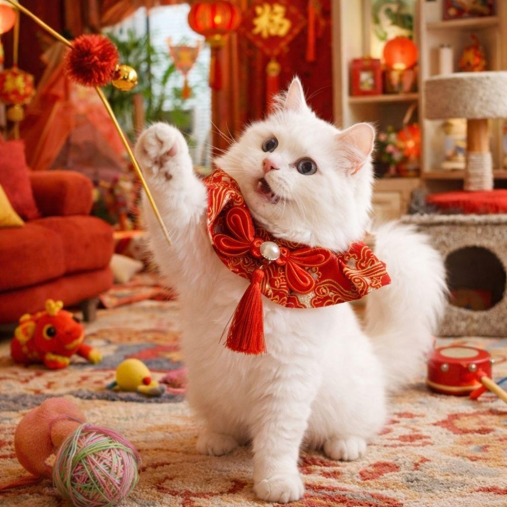 Adorable Chinese Style Pet Cat Scarf Warm Cute New Year Dog Collar Adjustable Length Blessing Puppy Bib Spring Festival