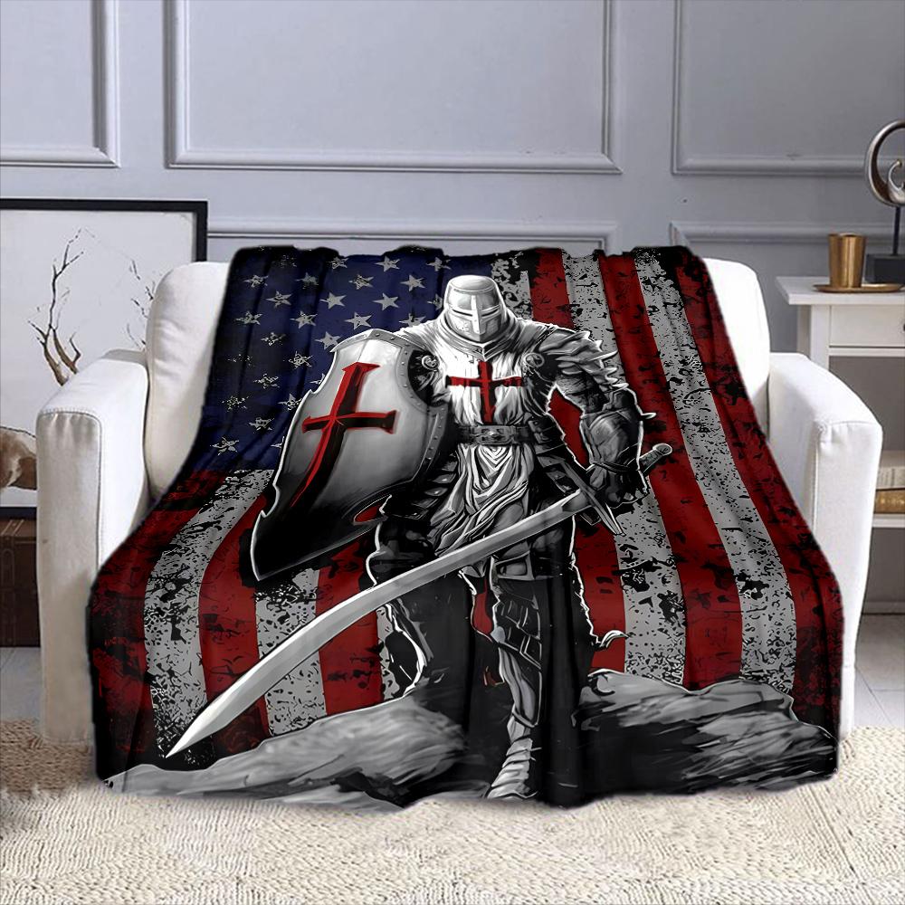 "Crusader Knight with US Flag" Patterned flannel blanket perfect for the bedroom living room, sofa, or a little nap