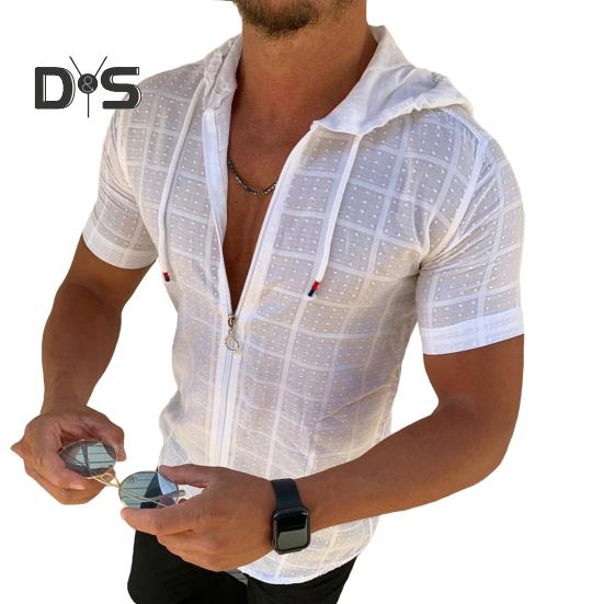 Мужская футболка с капюшоном, короткими рукавами, клетчатая футболка на молнии, повседневный тонкий летний топ для спорта, отдыха на природе, пляжа