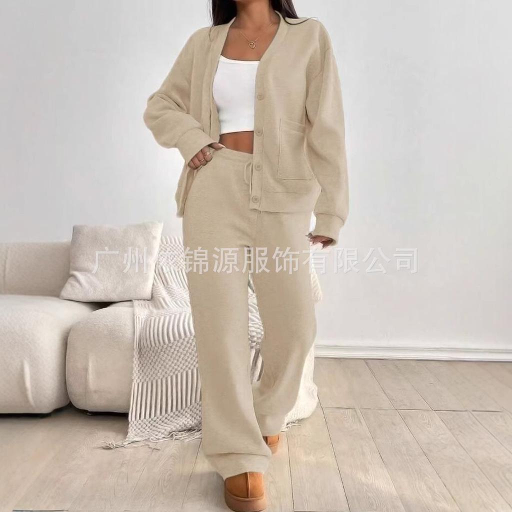 Women's Grey Button Front Knit Cardigan with Wide Leg Lounge Pants Set