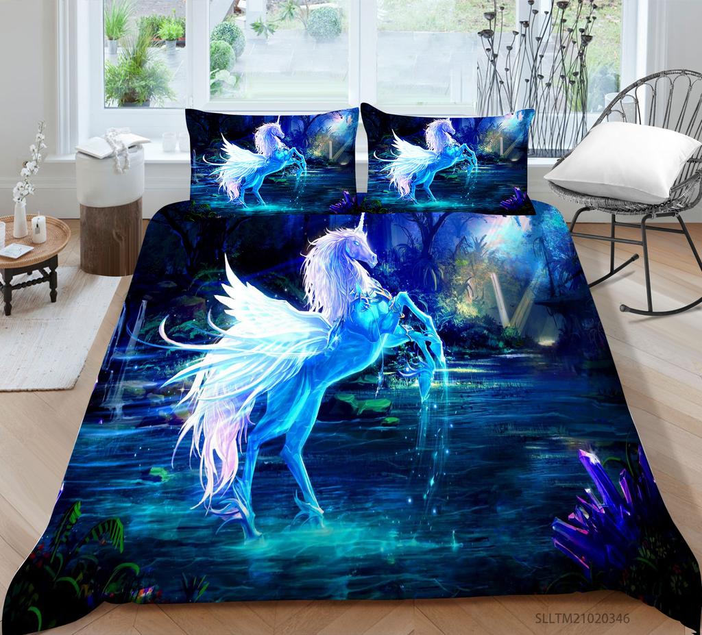 3D Unicorn Theme Bedding Set Cartoon Animal Duvet Cover and Pillow Case 2/3 Pieces Soft Home Decoration for Girls' Room