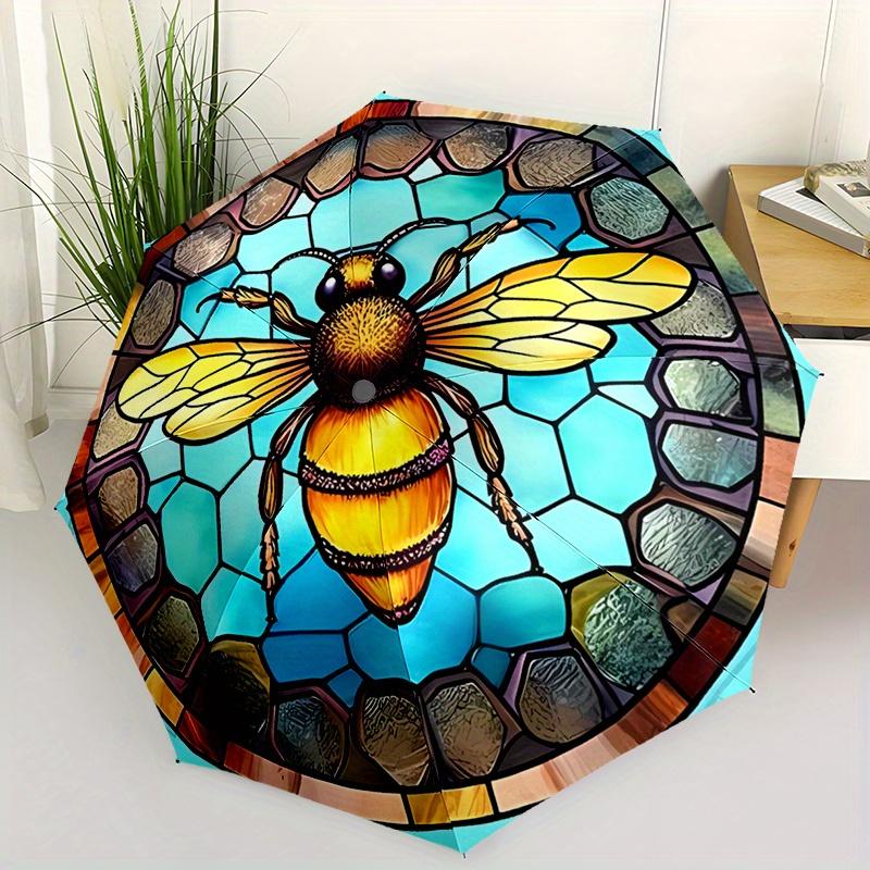 1pc Stained Glass Bee Print Automatic Folding Umbrella - Durable Iron Frame and Plastic Handle, Vivid Design, Cute Fashionable