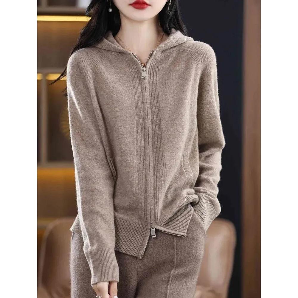 Осенний вязаный кардиган на молнии, женский повседневный однотонный кашемировый свитер с капюшоном, пальто, женский дикий вязаный топ