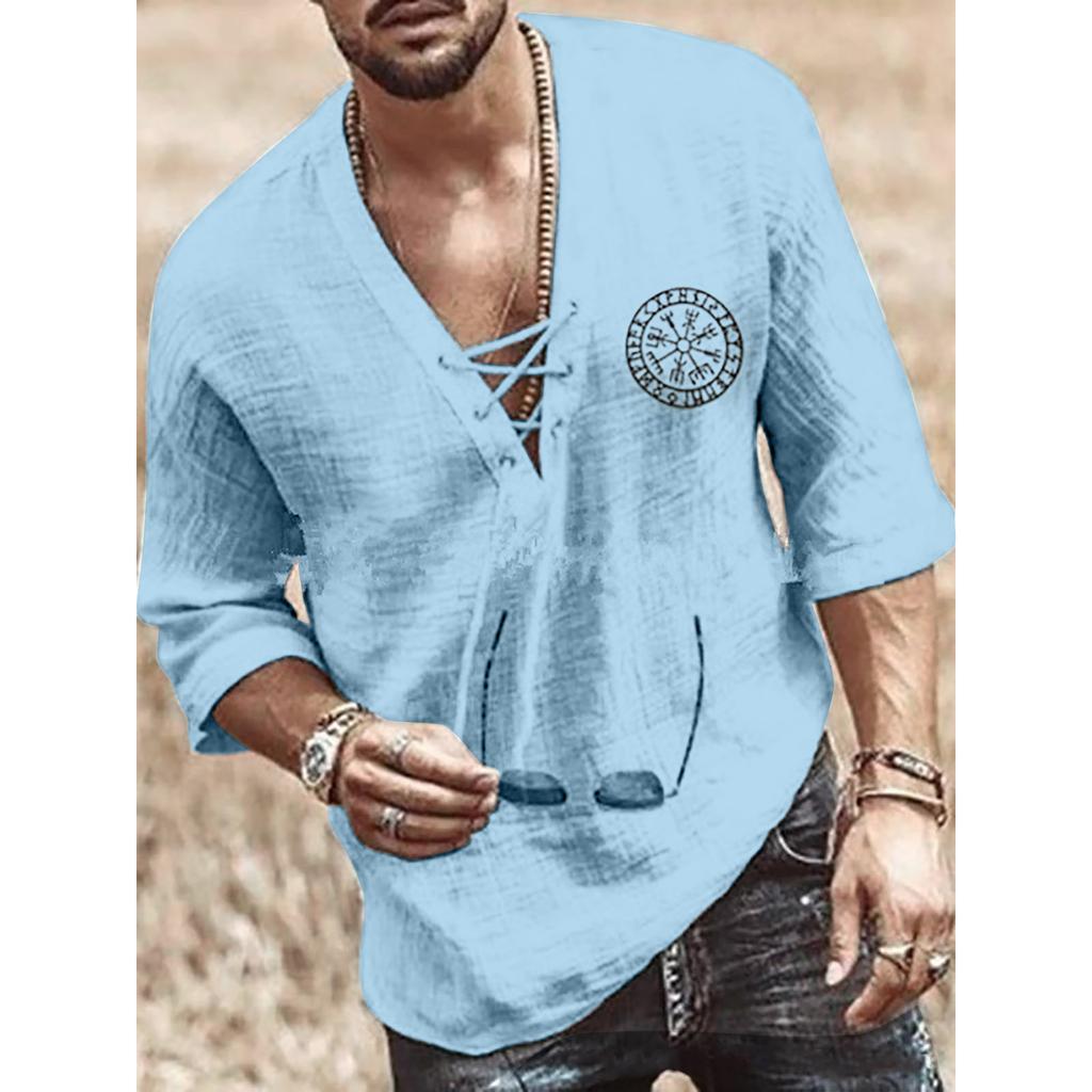 Men's Spring Summer Casual Fashion Drawstring Cotton Linen Solid Colour V-neck Long Sleeve