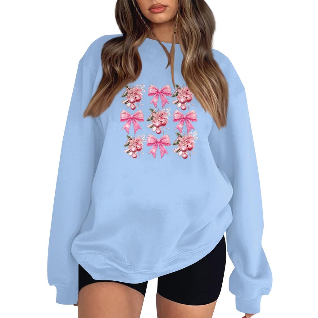 Women's Fashion Long Sleeve Loose Bowknot Printed Round Neck Sweatshirt