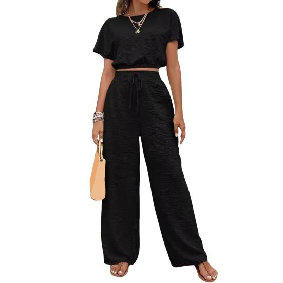 Комплект из 2 предметов: топы и брюки, О-образный вырез, короткий рукав, эластичный подол, повседневный свободный крой, однотонный, с высокой талией, длинные брюки