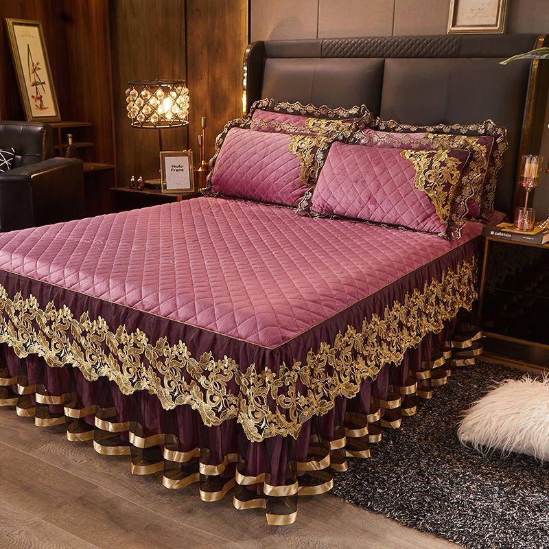 3 шт. Европейская бархатная юбка для кровати из хрусталя Зимнее кружевное бархатное покрывало Теплое Нескользящее Утолщенное Флисовое Постельное Белье Набор из трех предметов