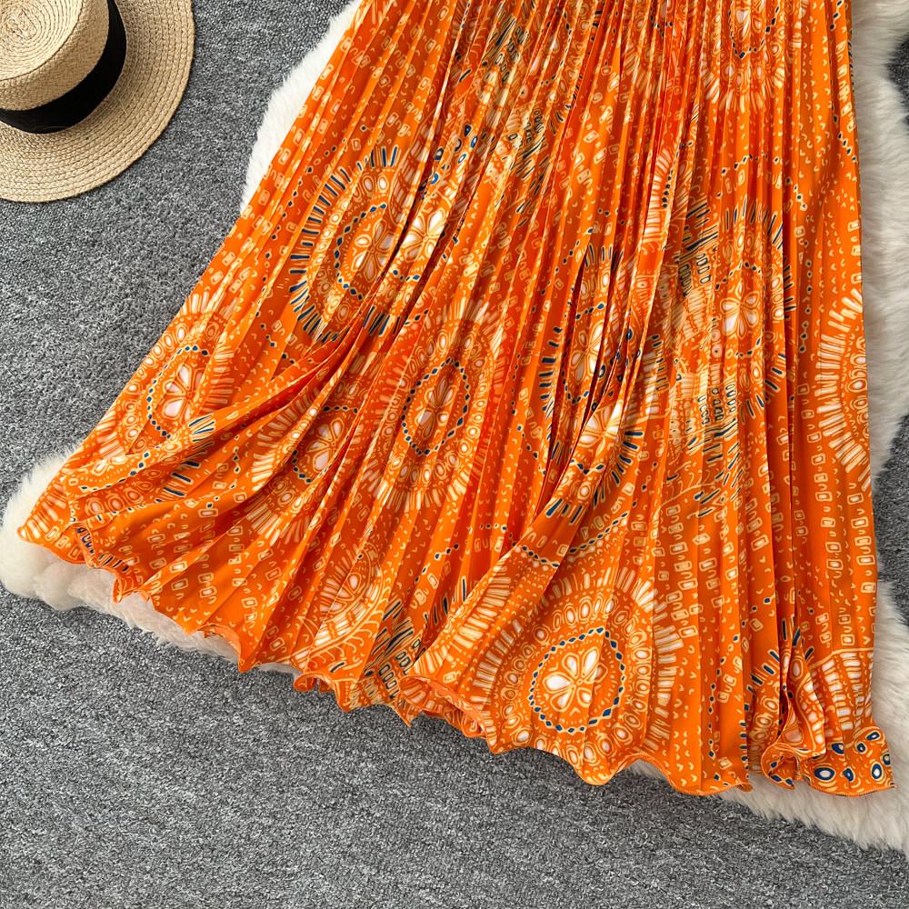 Весна Лето Женская Элегантная Юбка Макси с Принтом, Эластичной Талией и Плиссировкой для Пляжного Отдыха, Только Один Размер