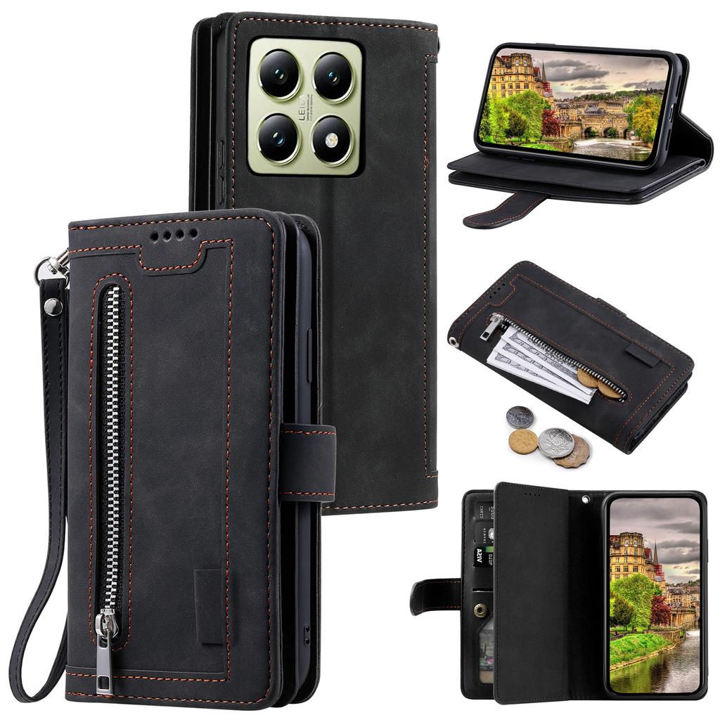 Чехол для телефона Xiaomi 14T с карманом на молнии, 9 слотами для карт, откидной из искусственной кожи