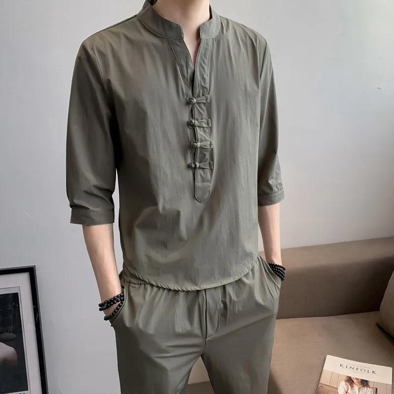 Three-quarter Sleeve T-shirt Suit Men's Plus Size Chinese Style Loose Top Youth Thin Summer T-shirt Two-piece Suit