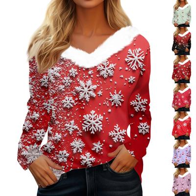 Женская мода повседневная толстовка с длинным рукавом и рождественским принтом, плюшевый воротник, V-образный вырез