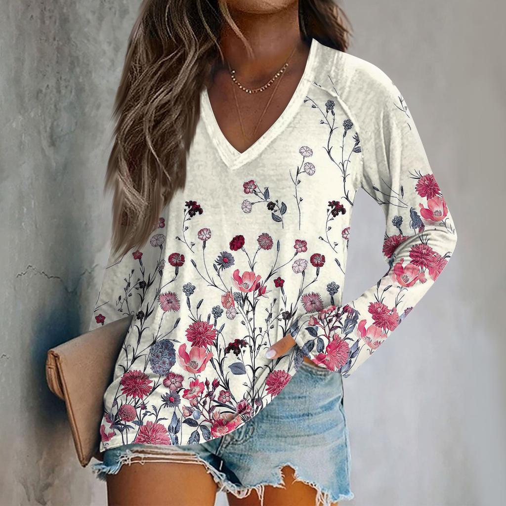 Женская модная свободная футболка с V-образным вырезом и длинным рукавом с винтажным цветочным принтом, повседневный топ