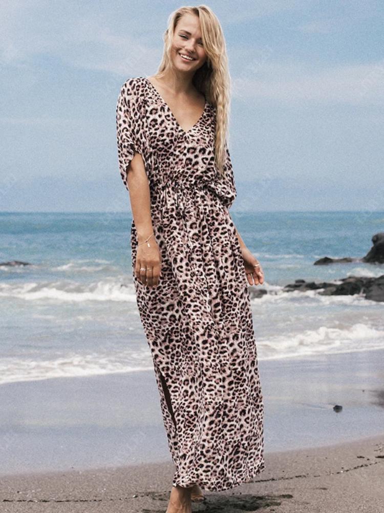 EDOLYNSA Leopard Print Women's V-neck Long Dress Tunic Kaftan Bikini Cover Up Robe Soft Classy Versatile Swimsuit Cover-up Outfits Q1128
