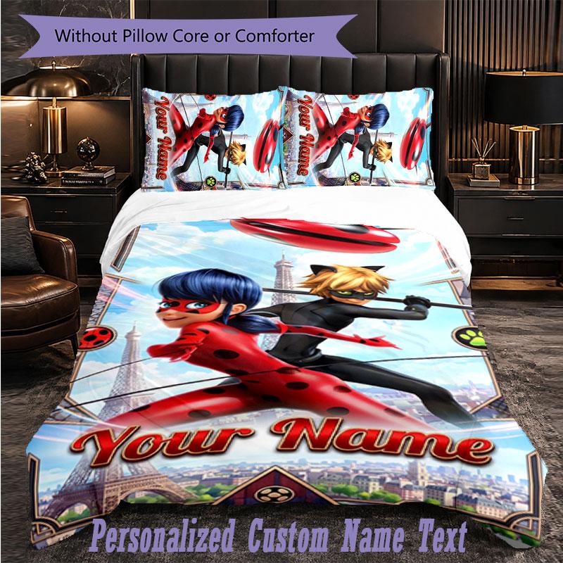 Personalized 3Pcs Bedding SetMiraculous Ladybug Custom Text Duvet Cover Pillowcase Set Bedroom Gift