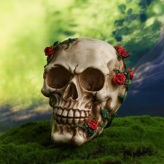Череп человека с розой Маленький цветок розы Лоза Статуэтка скелета Коллекционная фигурка для готического домашнего настольного декора