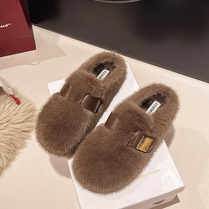 Premium Bag Head Fluffy Slippers Women's Outer Wear 2025 Autumn and Winter New Lazy One-pedal Flat-bottomed Velvet Cotton Slippers