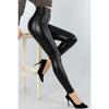 Women's Black Plush High Waist Shiny Look Wide Belted Leather Leggings 9981