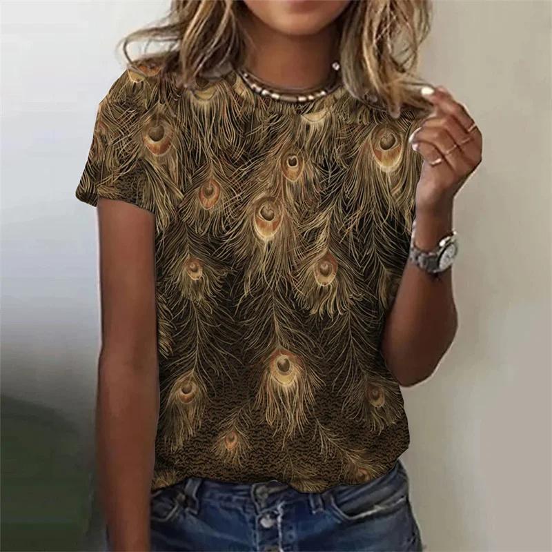 Футболка с принтом павлиньего пера 3D для женщин, летняя, с круглым вырезом, короткими рукавами, крутая графическая футболка, повседневные уличные футболки