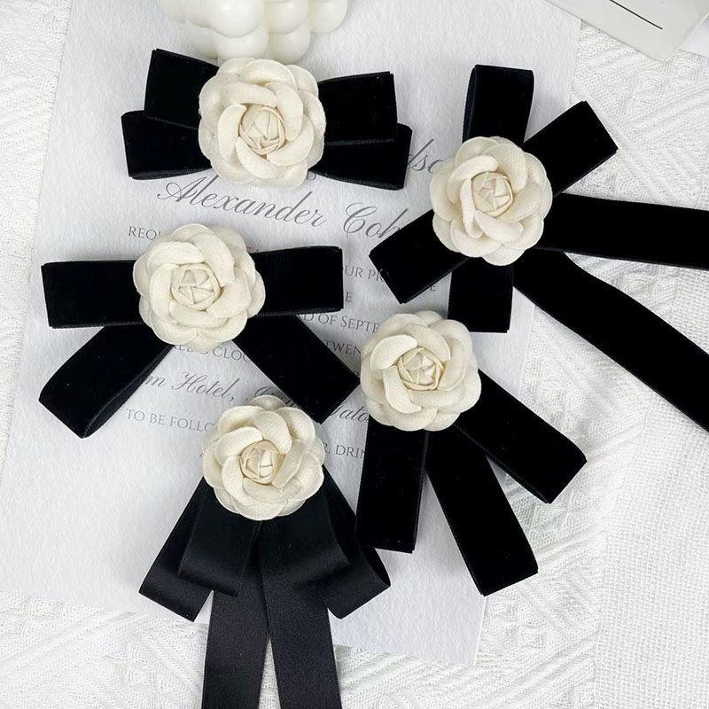 Camellia Flower Brooches Balck Bow Lapel Pins For Women Corsage Shirt Scarf Buckle Badge Accessories