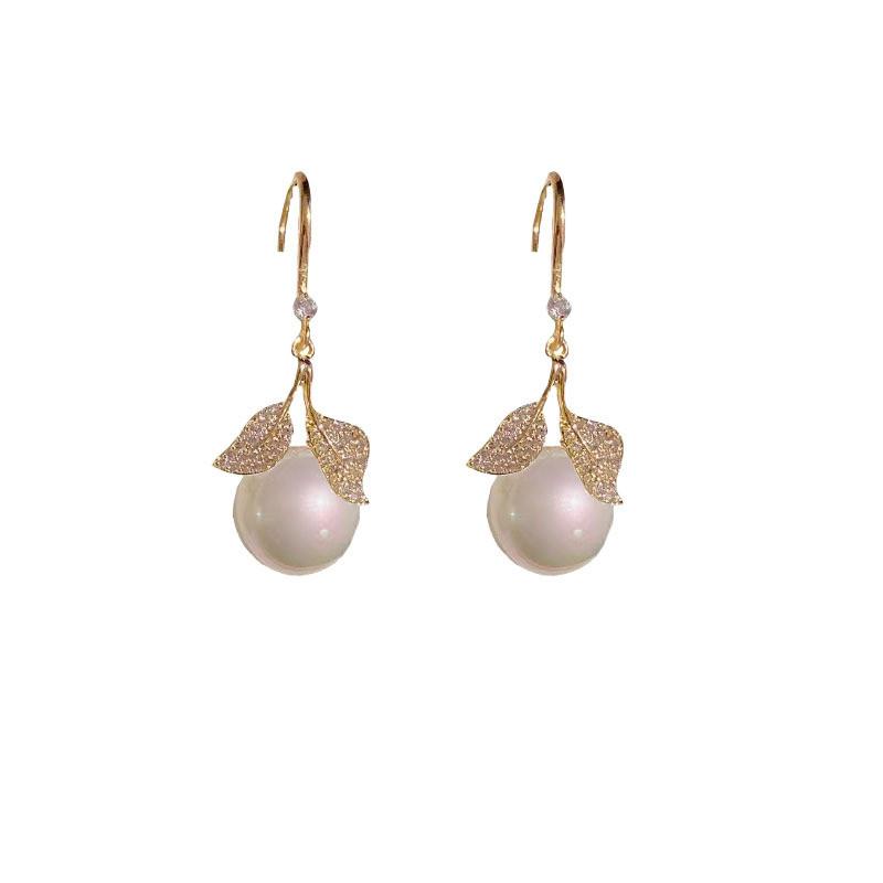 Luxury Imitation Pearl Leaves Dangle Earring for Women Luxury Silver Color Bling Zircon Inlaid Fashion Elegant Lady Jewelry