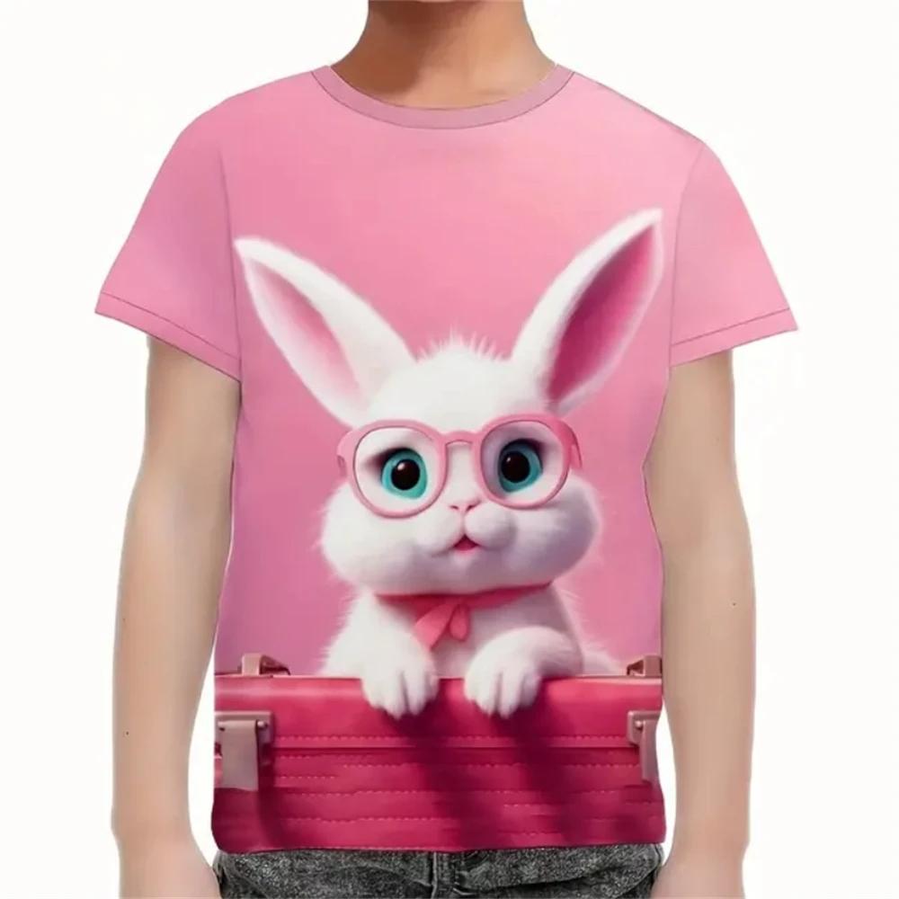 2025 Summer Kids 3D Printed Cute Cartoon Rabbit T-shirt Fashion Children Short Sleeve Clothing Boys Girls Streetwear