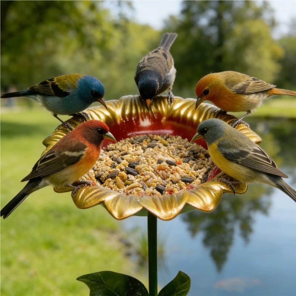 Metal Bird Bath Sunflower Flower Garden Stake Decorative Bee Butterfly Watering Station Garden