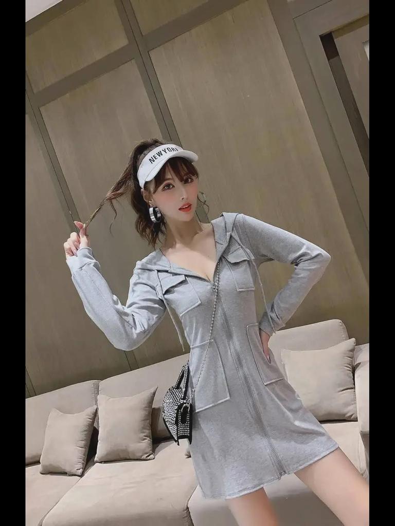 Plush Long-Sleeve Zippered Hoodie Dress - European and American Autumn/Winter Style for Women