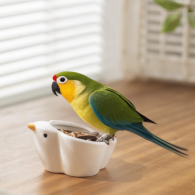 Ceramic Bird-Shaped Splash-Proof Parrot Feeding Bowl for Budgies & Cockatiels