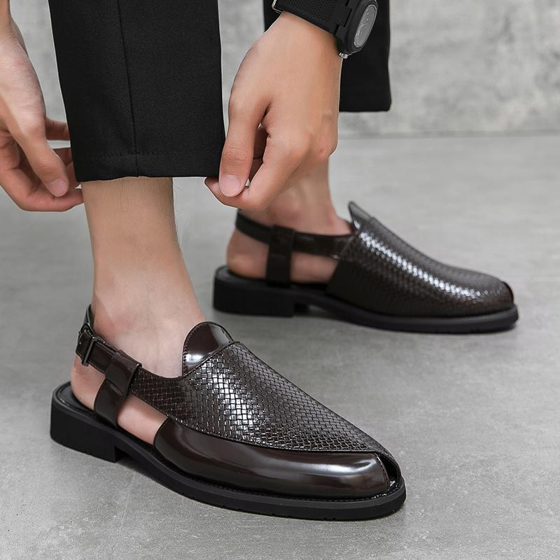 Summer European and American Buckle Men's Hollow Out Sandals Leather Beach Non-slip Shoes Breathable Leisure Walk Male Shoes