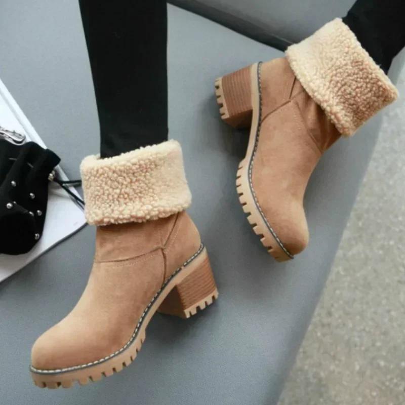 Ladies Winter Snow Boots Warm Lining Plush Rubber Platform High Heels Slip On Outdoor Slim Fit Comfort Boots Ladies Ankle Boots