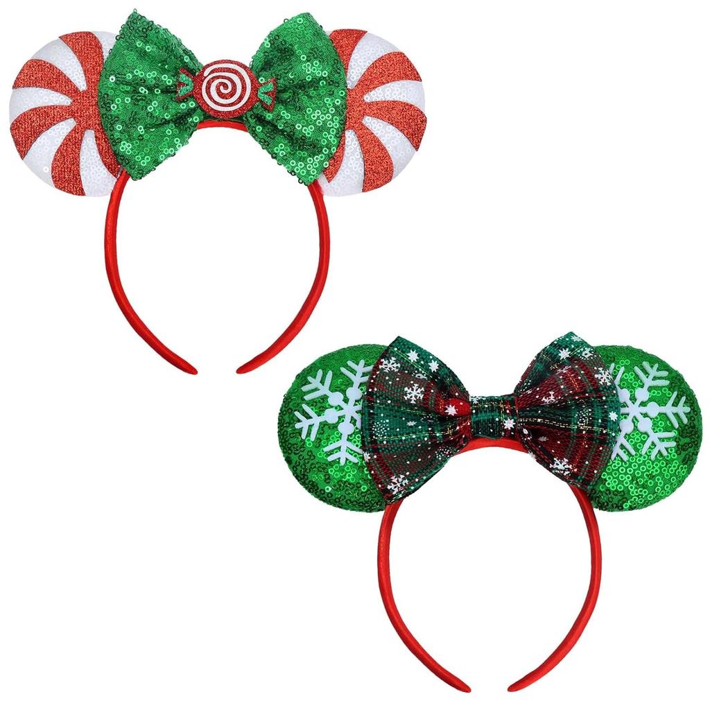 Shiny Sequin Mouse Ear Headbands, 2 PCS Classic Bow Headbands for Adult Women and Girls (Red Sequin & Red Dot)