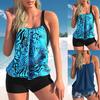 New Summer Women's Blue Tears Printed Tank Top and Quadrangle Pants Two Piece Swimwear Lace Up Sexy Beach Set S-6XL S-6XL