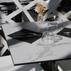 Foldable Terrace Table In Compact HPL White Marble Decor 70 X 70