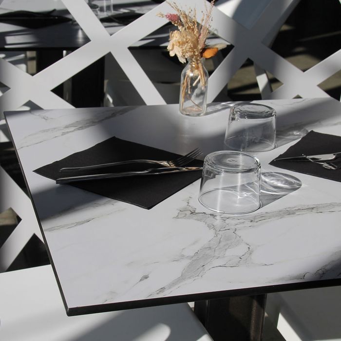Foldable Terrace Table In Compact HPL White Marble Decor 70 X 70