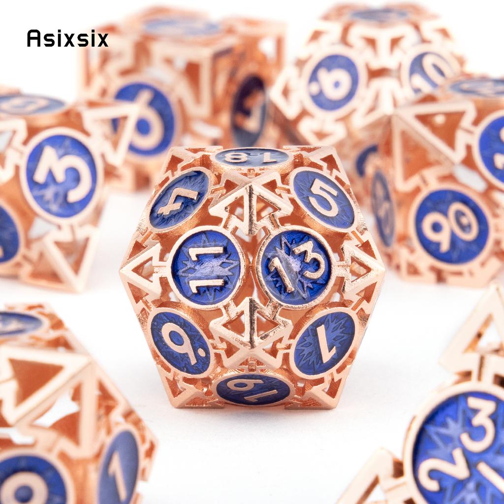 7 Pcs  Copper Blue Metal Dice Circular Hollow Metal Polyhedral Dice Set Suitable for Role-Playing RPG  Board Game Card Game