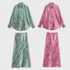 2024 Spring European & American Women's Silk Satin Print Shirt & Midi Skirt Set