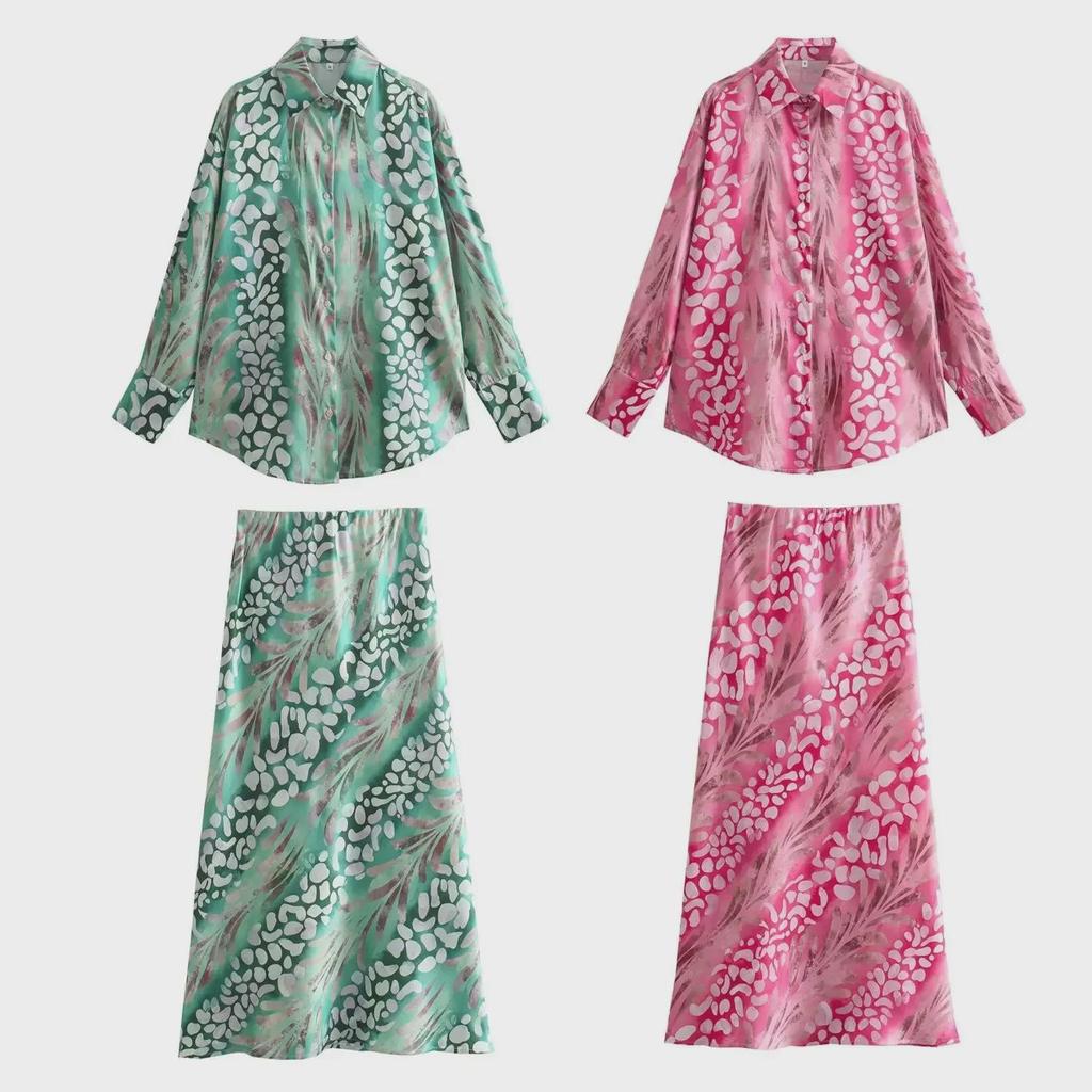 2024 Spring European & American Women's Silk Satin Print Shirt & Midi Skirt Set