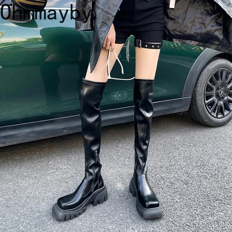 Fashion Elastic Slimming Women Over The Knee High Boots Fashion Back Zippers Shoes Square Heel Autumn Winter Ladies Knight Long Booties