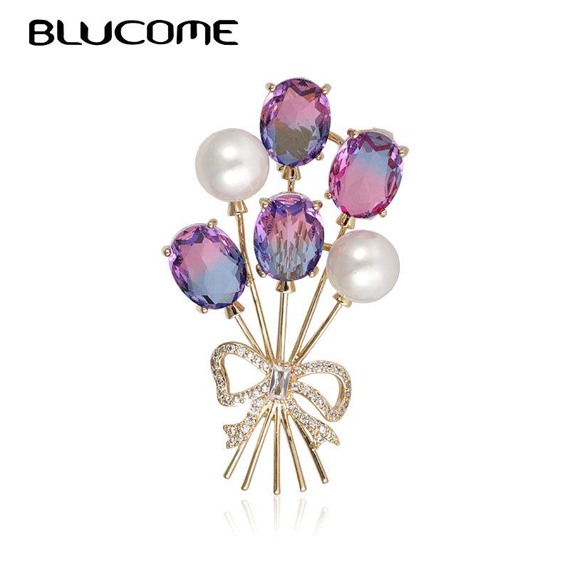 Blucome Shiny Cubic Zircon Flower Bow Shape Brooches Women Men Special Design Simulated Pearl Copper Wedding Bouquet Brooch Pins