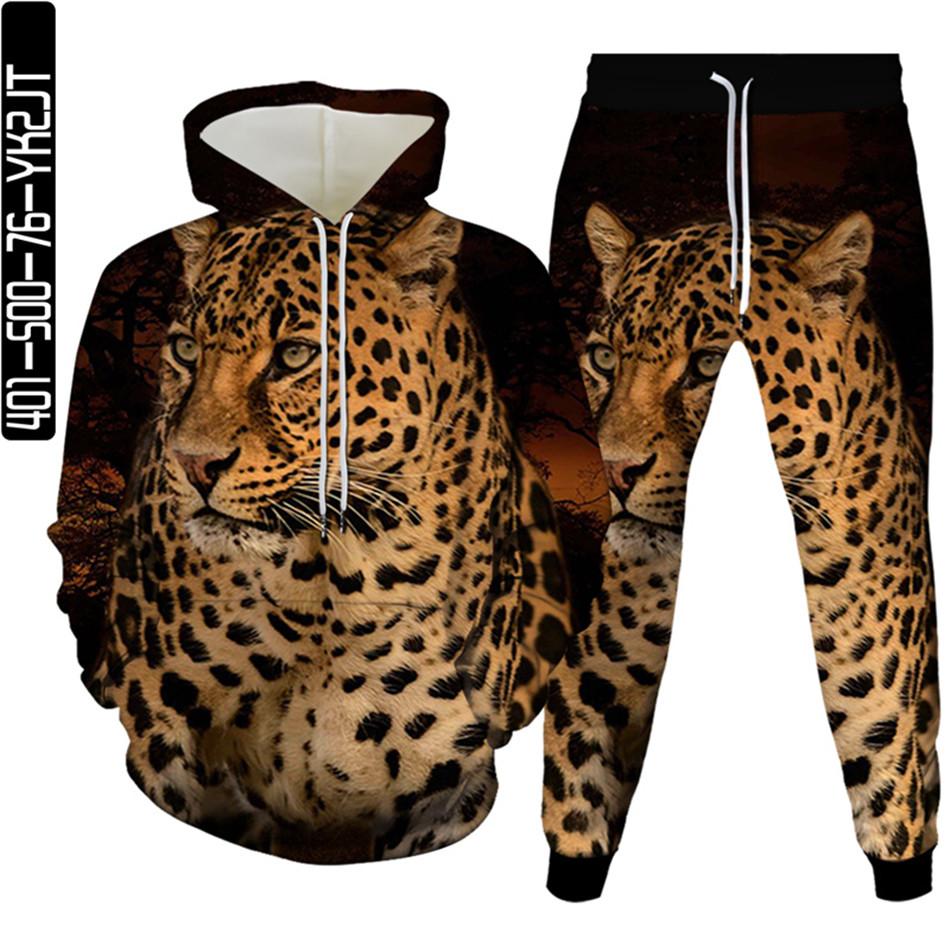 Весенне-осенний мужской спортивный костюм с 3D принтом животных и леопарда, 2 предмета, женский спортивный костюм больших размеров S-6XL, одежда с капюшоном и брюками, спортивный комплект