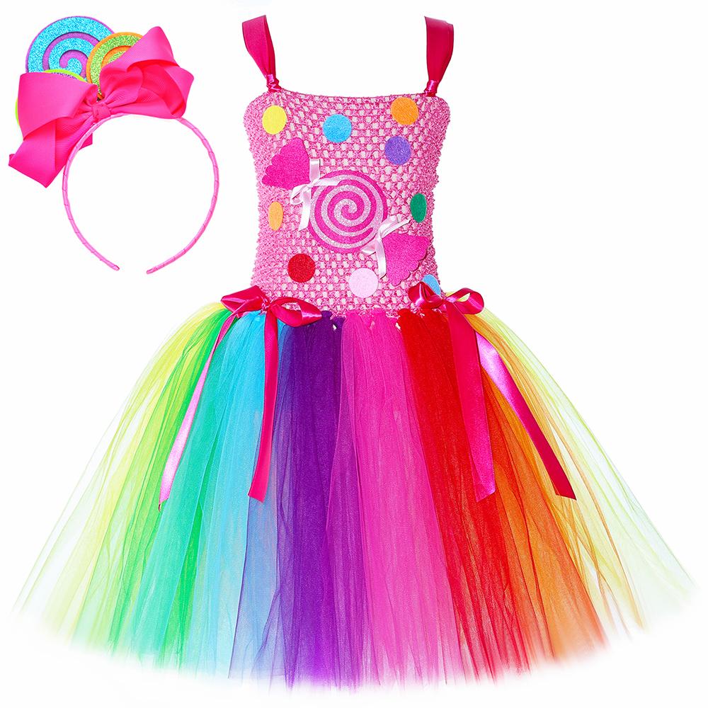 Girls Lollipop Candy Costume Rainbow Sweets Candyland Tutu Dress Baby Kids Festival Birthday Carnival Party Tulle Princess Dress