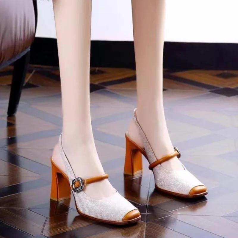 2024 Retro Style Women Pumps Chunky High Heels Square Toe Spring Summer Sandals SShallow Buckle Strap Ladies Shoes