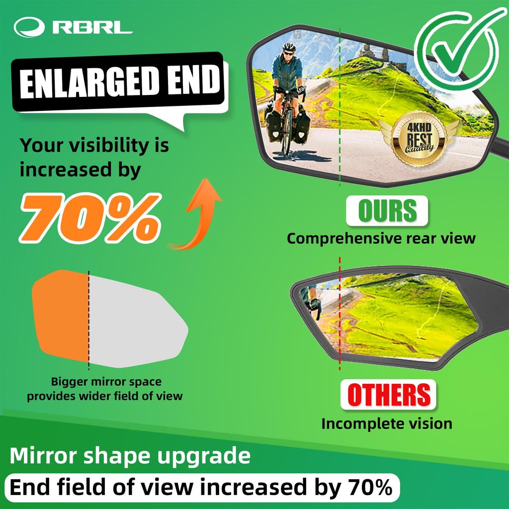 RBRL Folding Aluminum Alloy Bicycle Handlebar and HD Glass Electric Bicycle Rearview Mirror Mirror, Mount, Anti-Vibration Shatter-Resistant,