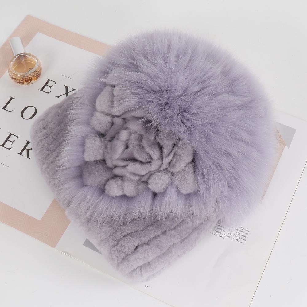 Luxury Warm Real Fox Fur Bomber Hat Female Winter Hand Knitted Real Rex Rabbit Fur Hats Women Outdoor Rex Rabbit Fur Flower Cap